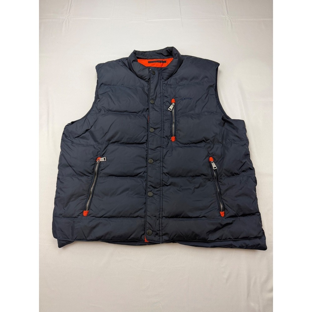 Orvis Puffer Vest Mens XL Navy Blue Orange Lining Down‎ Filled Quilted Full Zip